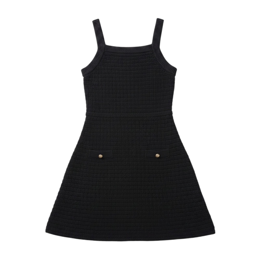 H&M Knit Mini Dress Womens Small Black Square Neck Gold Button Textured A-Line